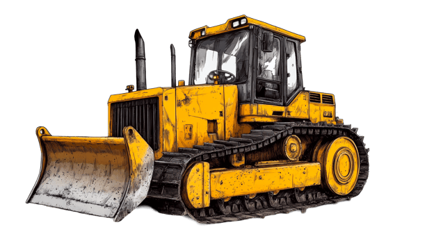Yellow bulldozer with black tracks, construction machinery, cut out transparent png