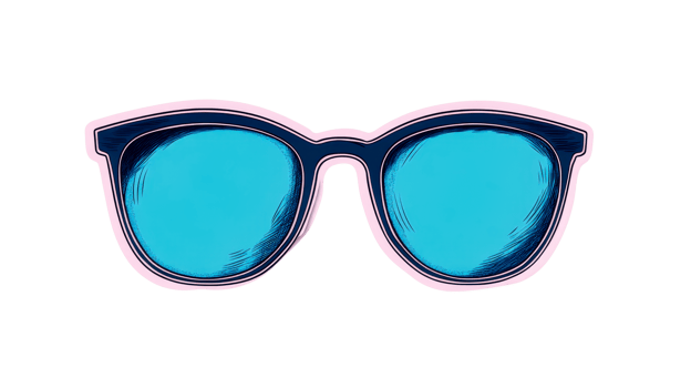 Stylish sunglasses with blue lenses, pink frame, cut out transparent png