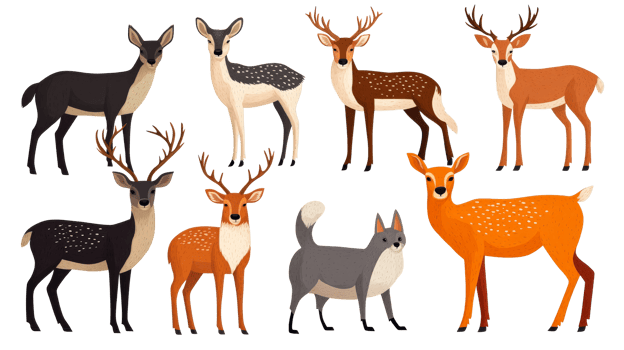 Deer and wolf illustrations, diverse wildlife collection, isolated background, cut out transparent png