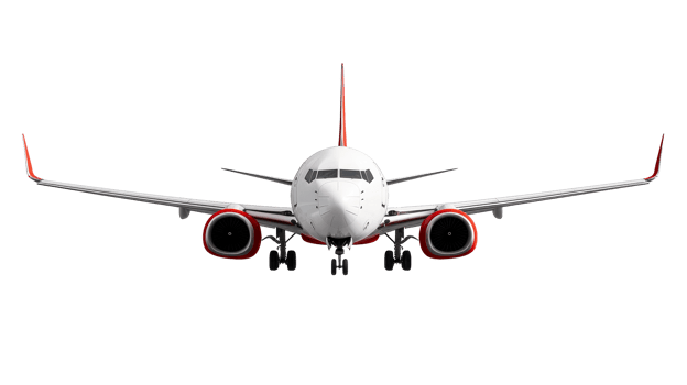White airliner, front view, against the dark background, cut out transparent png