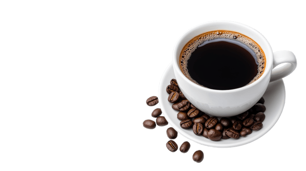 Coffee cup on saucer with coffee beans isolated, cut out transparent png