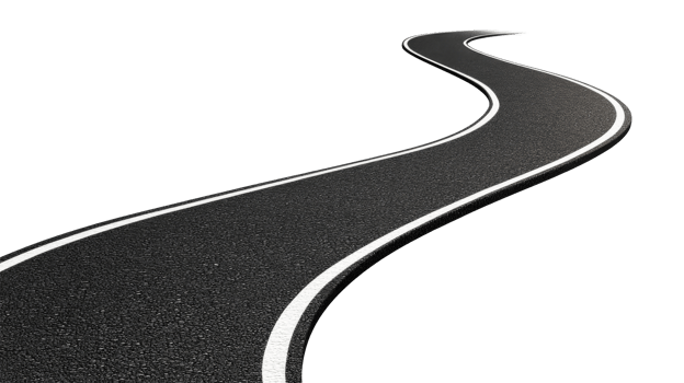 Winding road with road markings on black, cut out transparent png