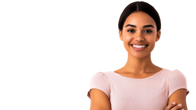 Smiling young woman in pink dress posing, cut out transparent png