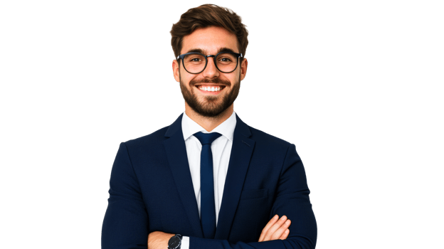 Smiling confident businessman in a suit with crossed arms, cut out transparent png