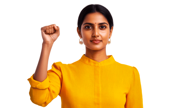 Strong Indian woman raising fist, empowerment concept, cut out transparent png