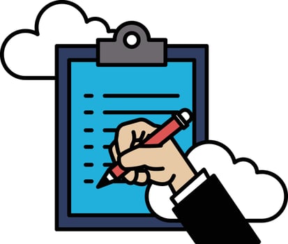 A hand is writing on a blue clipboard vector