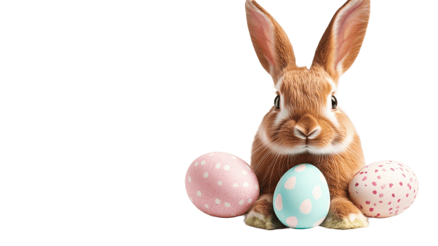 Easter bunny with decorated eggs, holiday theme, cut out transparent png
