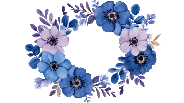 Floral frame with blue, purple blossoms, decoration, cut out transparent png