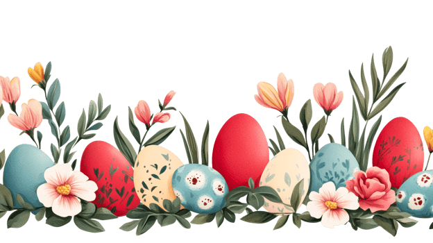 Easter eggs floral arrangement, spring flowers, vivid colors, cut out transparent png