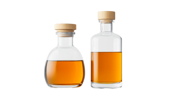 Two stylish bottles with amber liquid, close-up, cut out transparent png