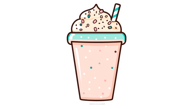 Milkshake with whipped cream and a straw, sticker style, cut out transparent png