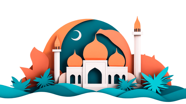Ramadan Kareem paper cut style mosque with moon crescent, cut out transparent png