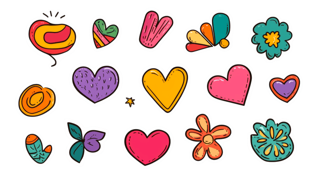 Set of colorful stickers illustration with various images, cut out transparent png