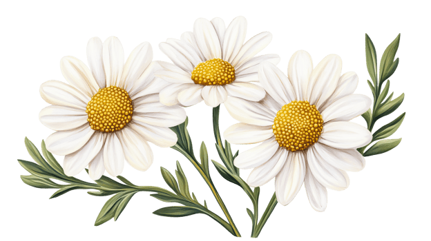 Daisies flowers with leaves, delicate botanical illustration, cut out transparent png