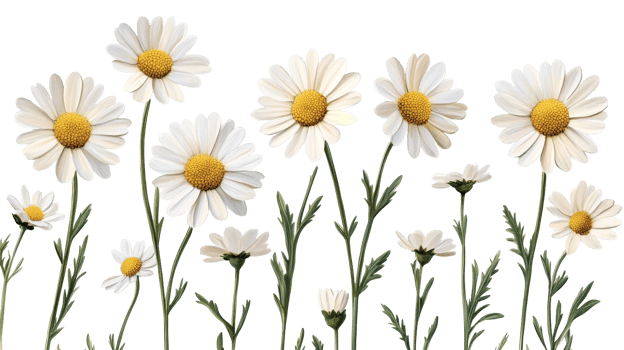 Daisies meadow, close-up of flowers with white petals, cut out transparent png