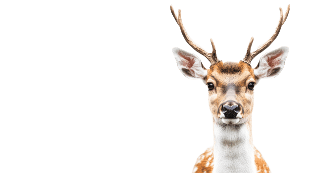 Fallow deer head with antlers, white neck, closeup portrait, isolated, cut out transparent png