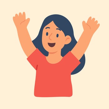 Flat of joyful girl with raised hands, expressing happiness, success, and emotional positivity. vector