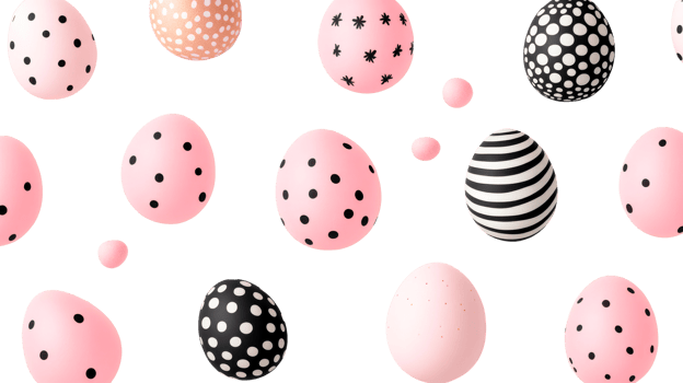 Easter eggs with various patterns on a black background, cut out transparent png