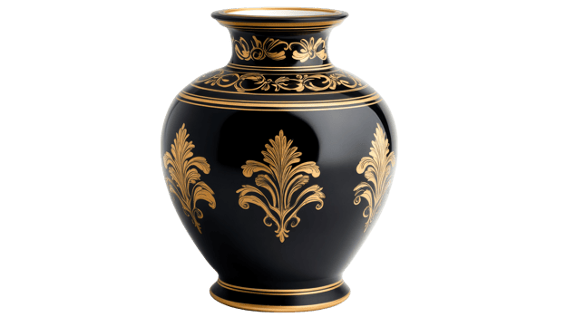 Black ornate vase, gold accents, floral decor, stylish, interior object, cut out transparent png