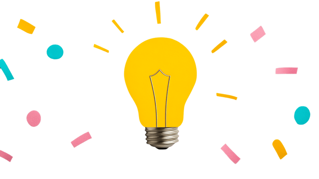 Yellow lightbulb idea with confetti on black background, cut out transparent png