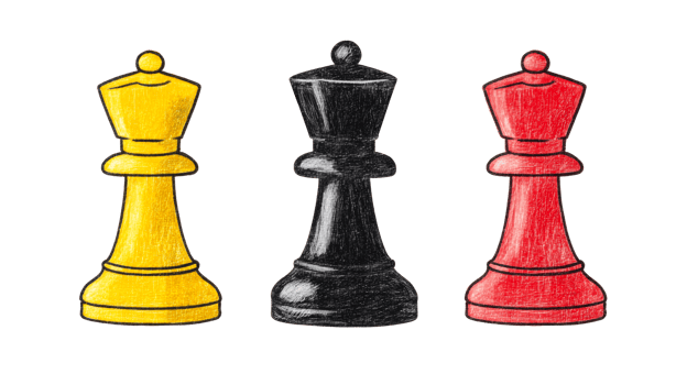 Chess queens, yellow, black, red, standing, cut out transparent png