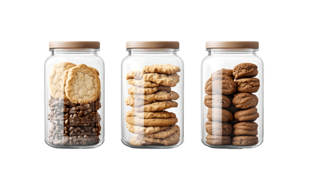 Assorted cookies in jars close up, cut out transparent png