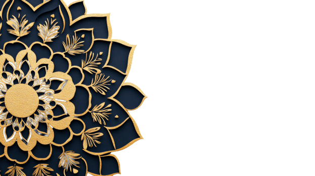Ornamental gold mandala on dark blue background, cut out transparent png