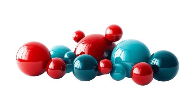 Spherical, red and blue shapes with glossy finish, cut out transparent png