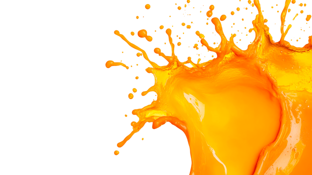 Bright orange juice splash on black background, cut out transparent png