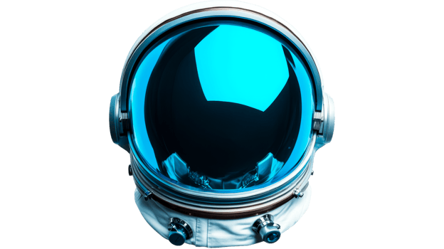 Futuristic astronaut helmet with blue visor, hi-tech suit, cut out transparent png