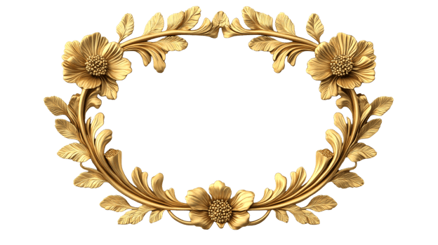 Golden floral frame ornament with flower and leaf, cut out transparent png