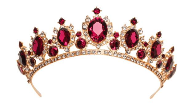 Golden crown with red gems, royal jewel headpiece, cut out transparent png