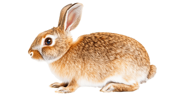 Rabbit with light brown fur sits to the side, cut out transparent png