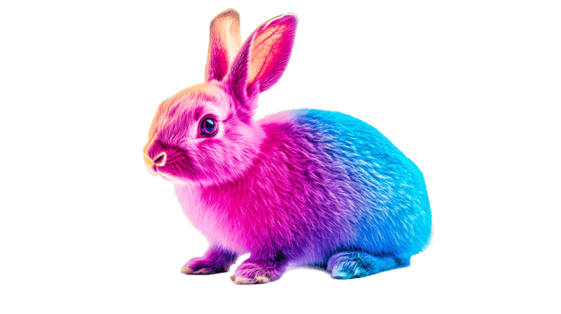 Colorful rabbit with vibrant fur on a black background, cut out transparent png