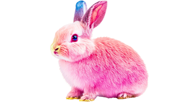 Colorful bunny with pink fur sitting peacefully, cut out transparent png