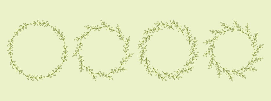 Simple flower circle frame set. Hand drawn green round line border, leaves and flowers, wedding invitation and cards, logo design and posters template. Elegant minimal style floral isolated set vector