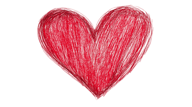 Red heart sketch drawing for Valentine's Day on black background, cut out transparent png