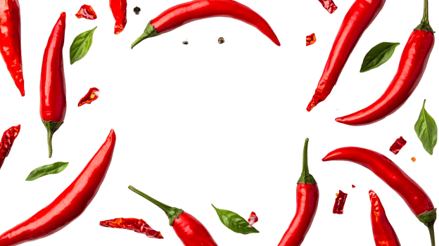 Red chili pepper layout with basil on black, cut out transparent png