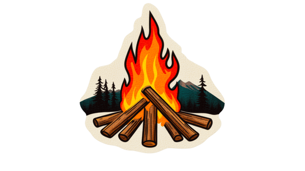 Campfire with firewood, flames and mountain scenery, cut out transparent png