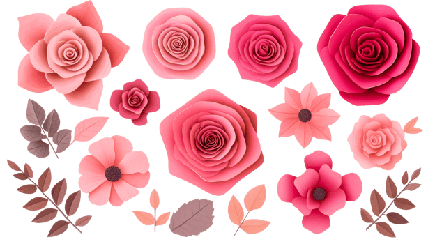 Floral arrangement of pink paper blossoms and leaves, cut out transparent png