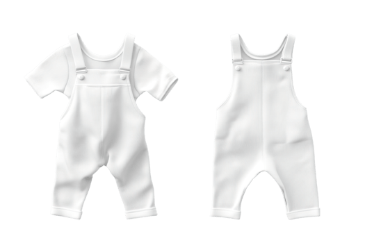 Baby white jumpsuit mock-up, front and back view on a transparent background. png