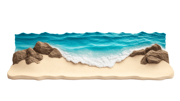Miniature beach with rocks and turquoise water, cut out transparent png