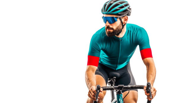 Cyclist in blue jersey riding bike, isolated cutout transparent png