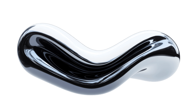 Abstract chrome curved shape on black background, cut out transparent png