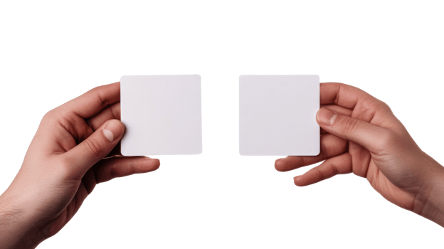Person showing empty square business cards, hands holding mockup, cut out transparent png