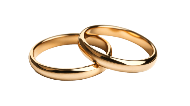 Two interlocked gold wedding rings, symbol of love, cut out transparent png