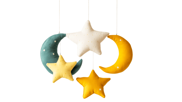 Baby crib mobile of moons and stars on black background, cut out transparent png