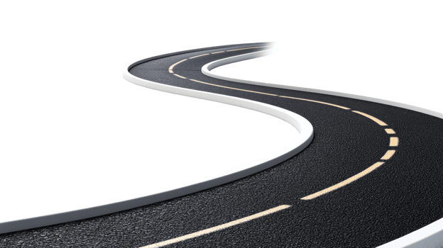 Curving asphalt road with white guardrails, cut out transparent png