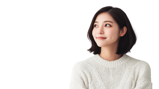 Asian woman smiling, looking away, wearing sweater, cut out transparent png