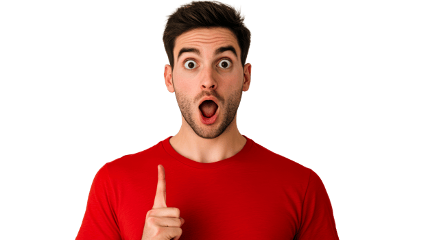 Man looking surprised, pointing finger up, with open mouth, cut out transparent png
